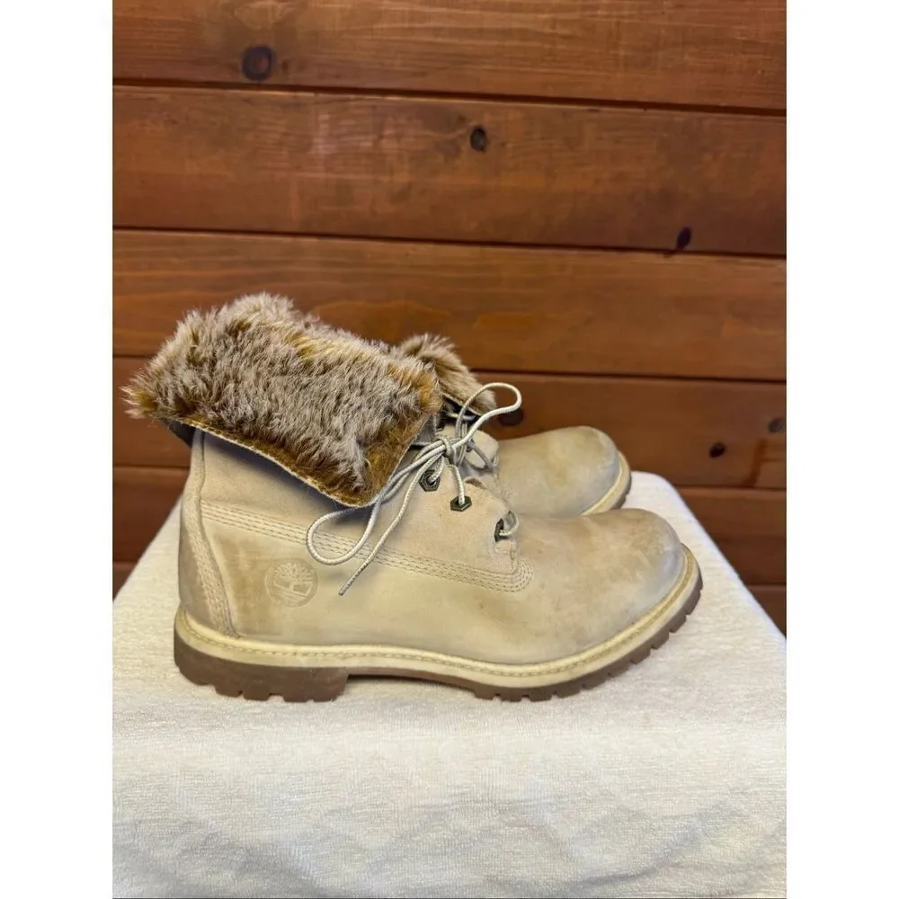 Timberland Waterproof Teddy Fleece Fold Over Fur boots light beige Sz 9.5